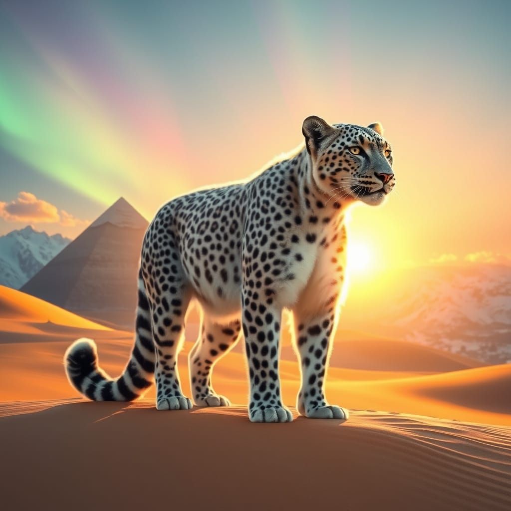 Ethereal Desert Snow Leopard with Pyramid and Aurora Boreali...