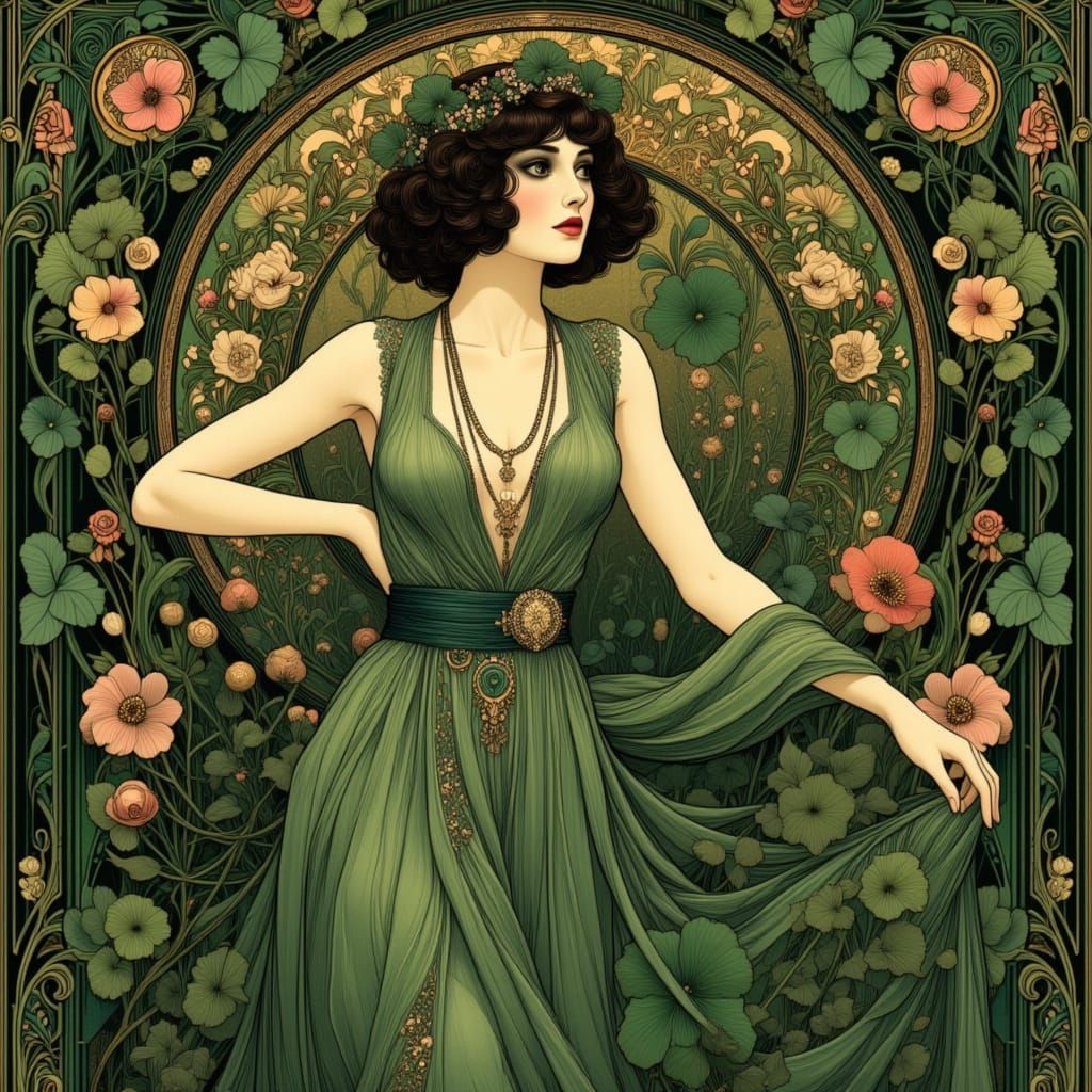 Art Nouveau Portrait of a Woman in Green