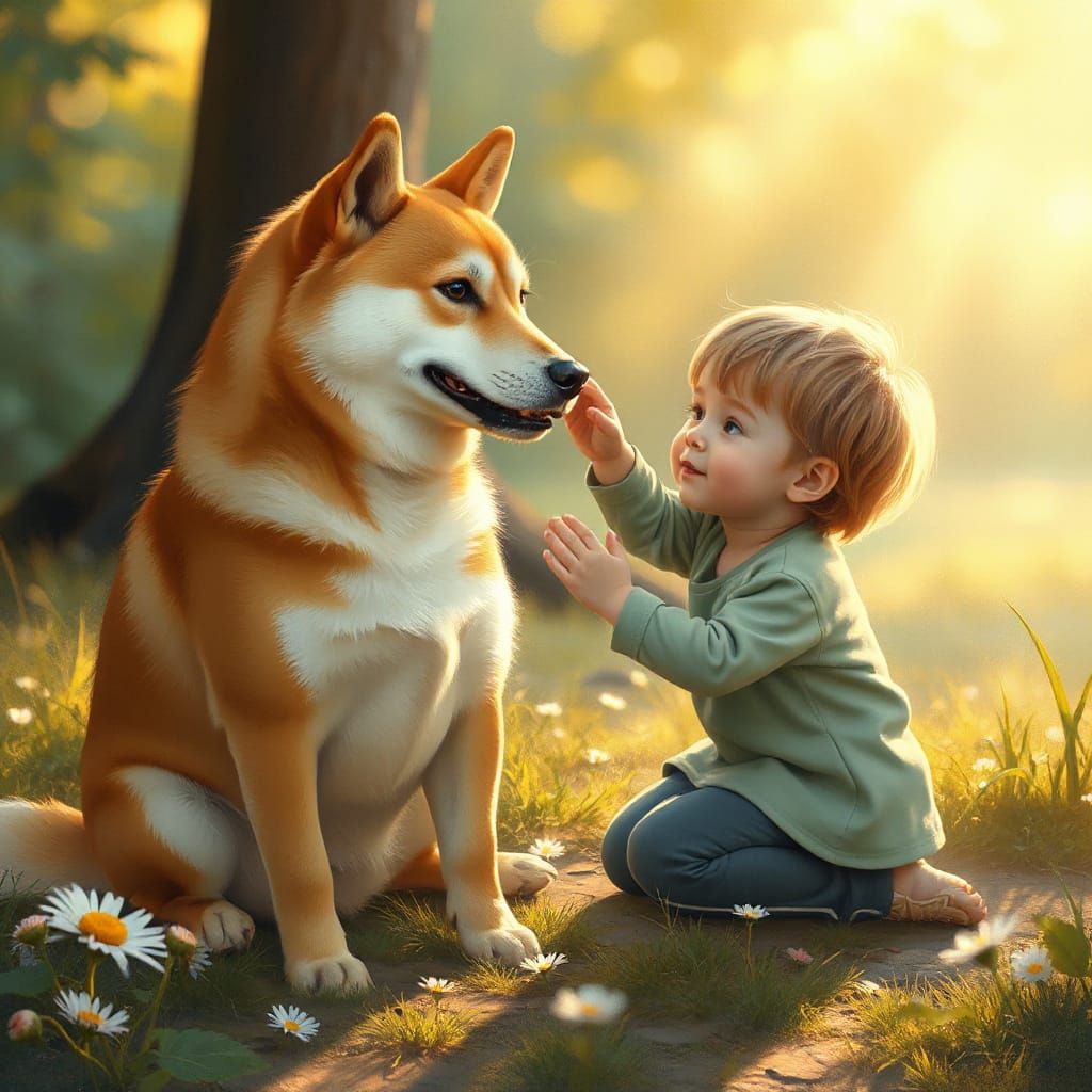 Fairy Tale Shiba Inu and Child in Forest Clearing