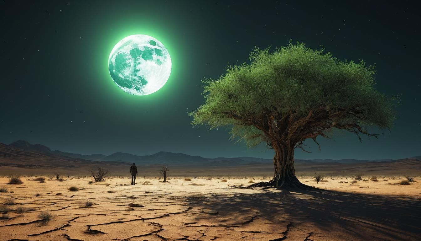 Lonely Tree Under Moonlight: Hyperrealistic Arid Landscape