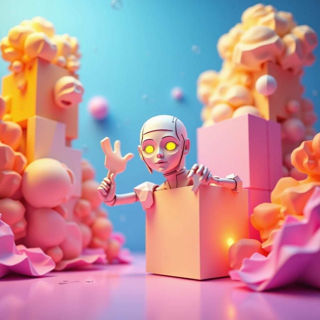 Paper Doll Character and 3D Shapes in Neon Void