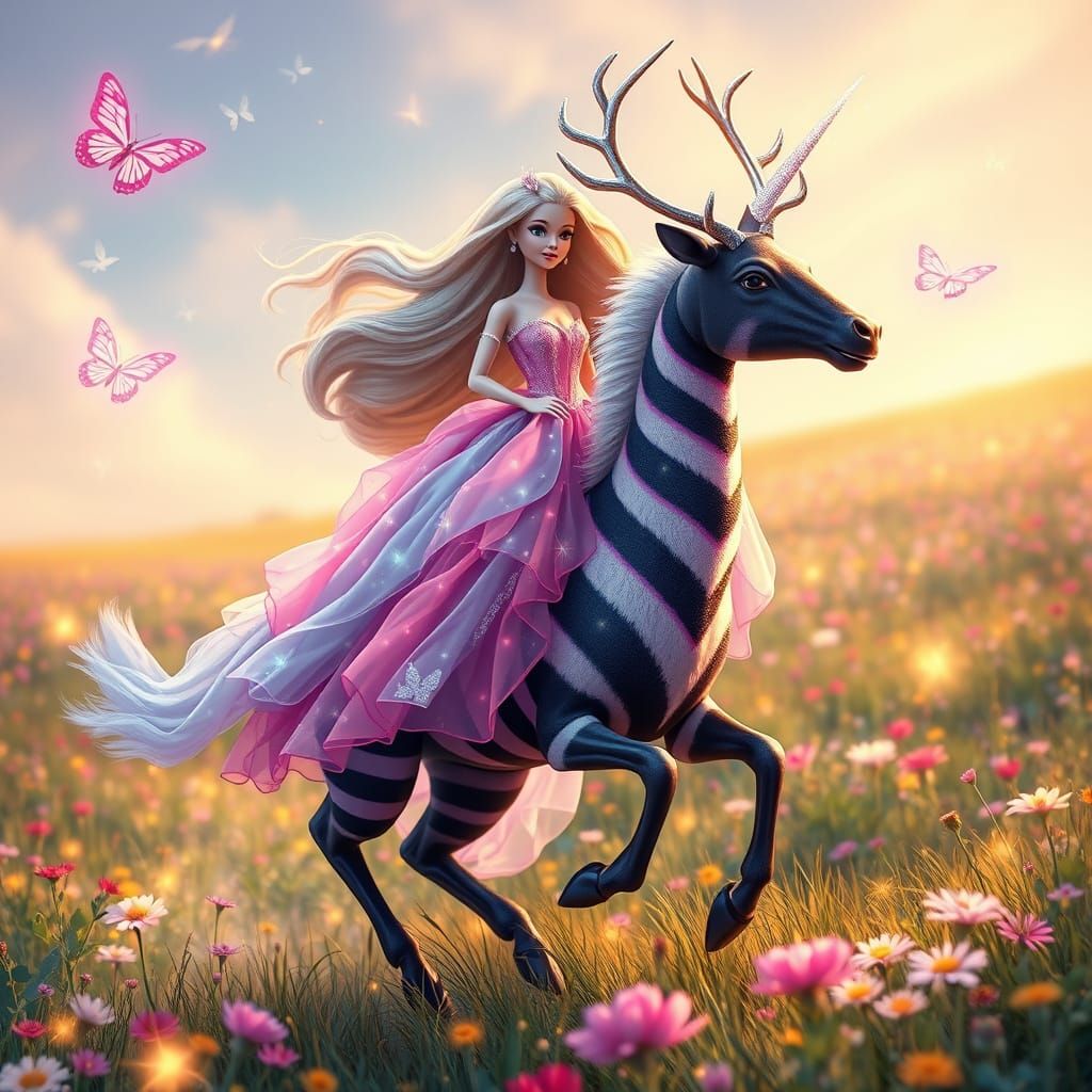 Barbie Rides a Striped Unicorn Reindeer in a Vibrant Dream M...