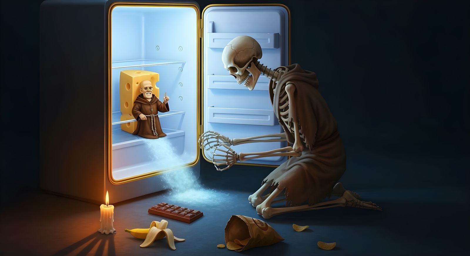 Skeleton's Fridge Confession: A Humorous 3D Render