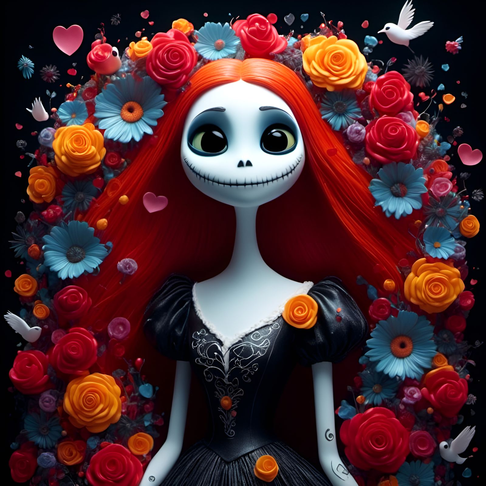 Sally Surrounded by Hearts and Flowers