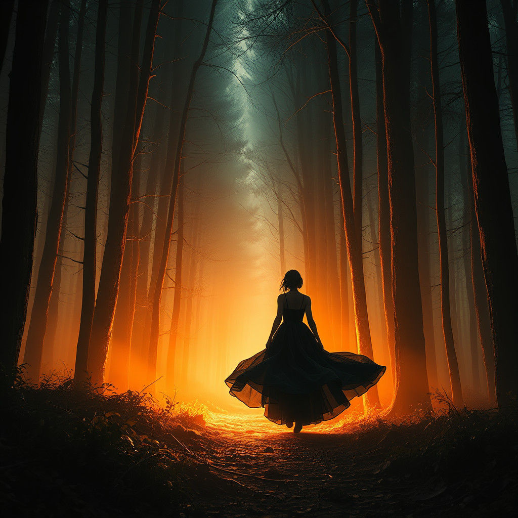 Woman Enters Dark Forest in Sepia Tones