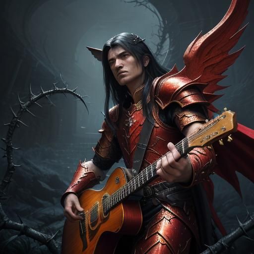 Fantasy Angel Cat Plays Guitar in Castle Art