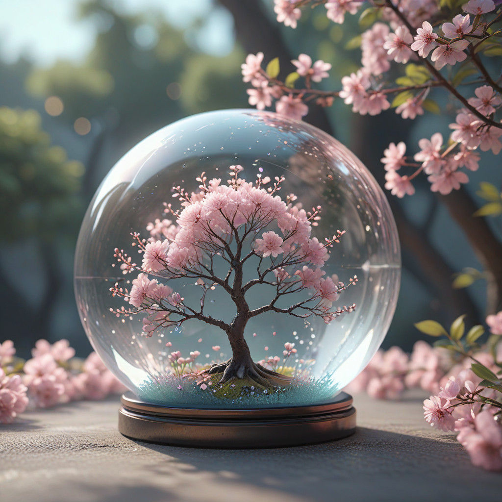 Delicate Anime Art: Tree Blooms in Elegant Glass Orb