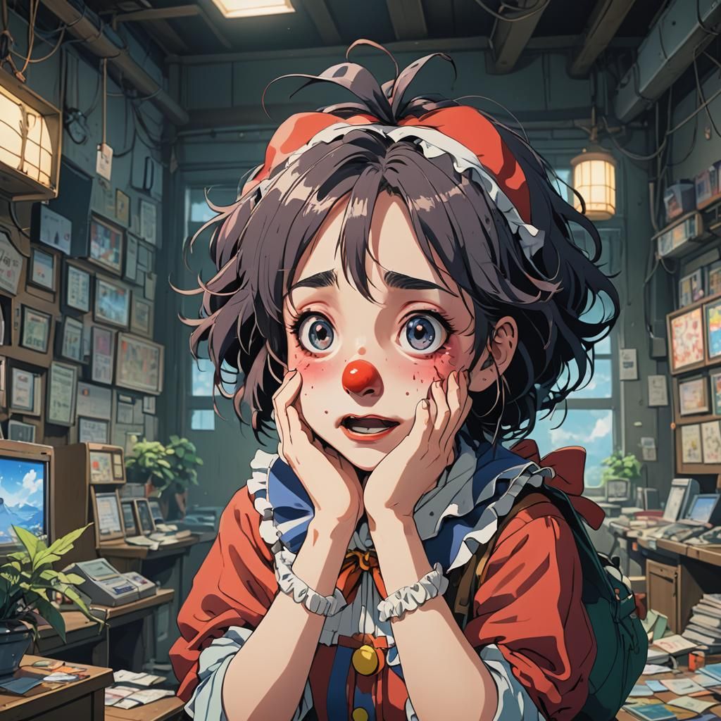 Clown Girl Cries Over Video Game: Ghibli-Inspired Anime