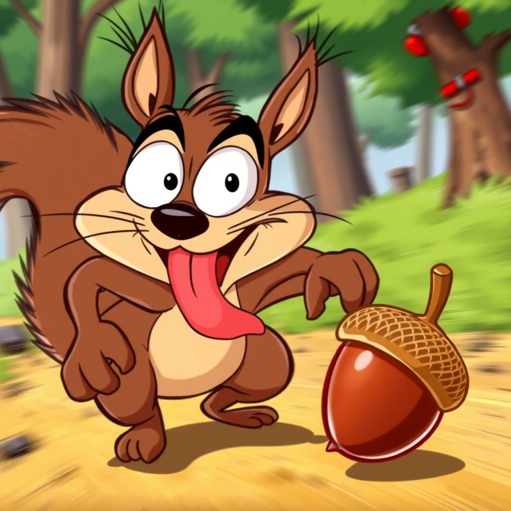 Crazy Squirrel Chasing Acorn in Toon Style