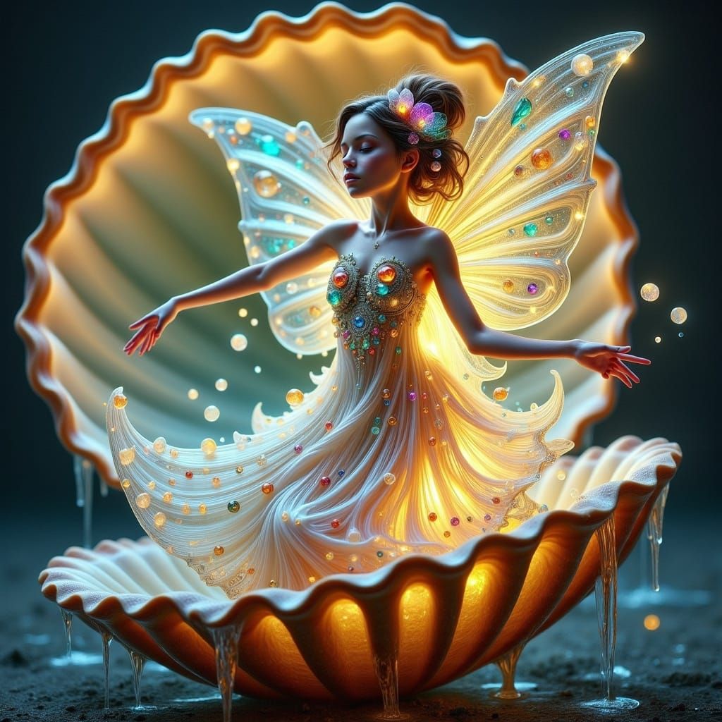 Glass Fairy in Dreamy Seashell Scene
