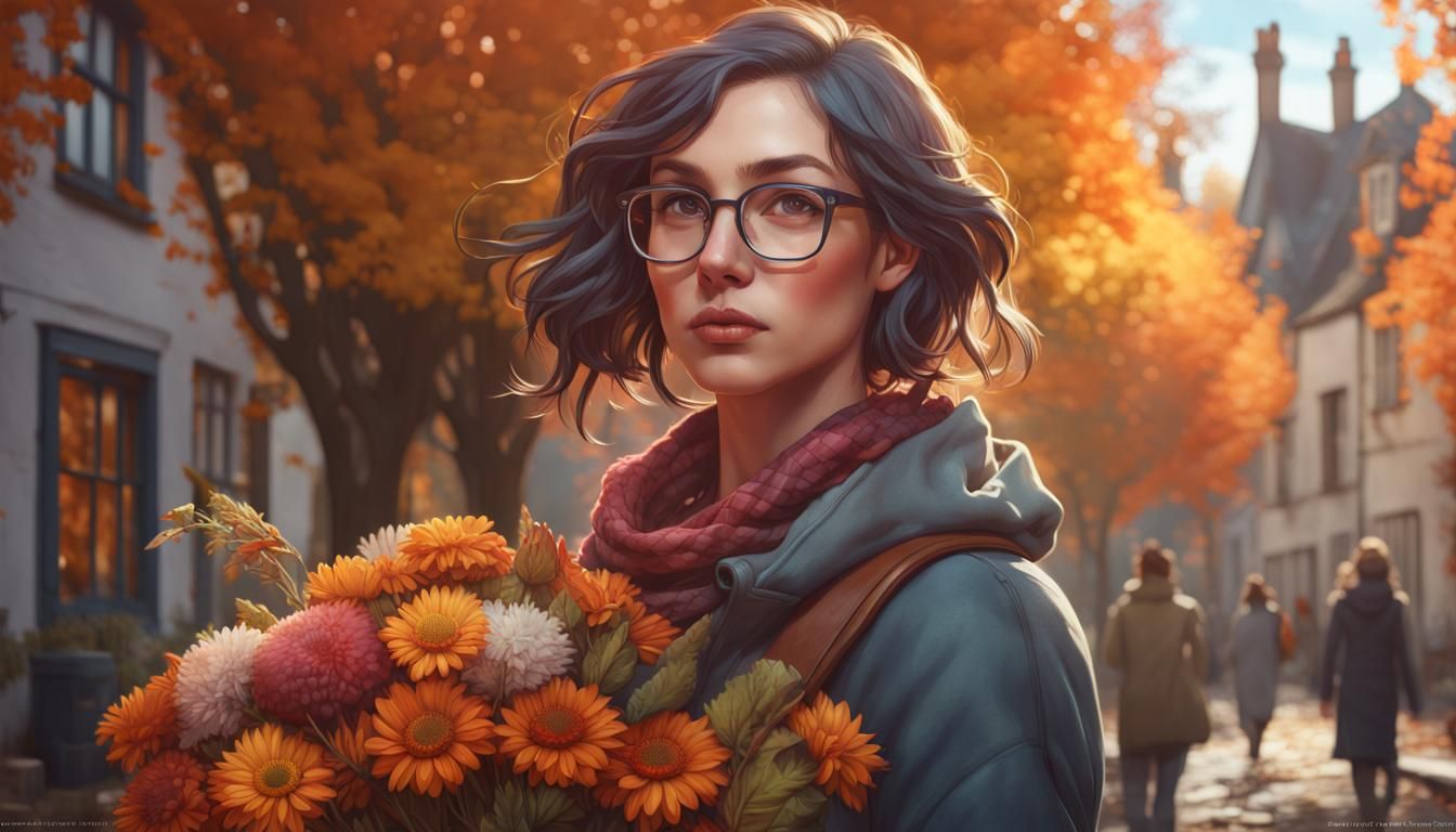 Autumn Flowers in English Village, Hyperdetailed Portrait