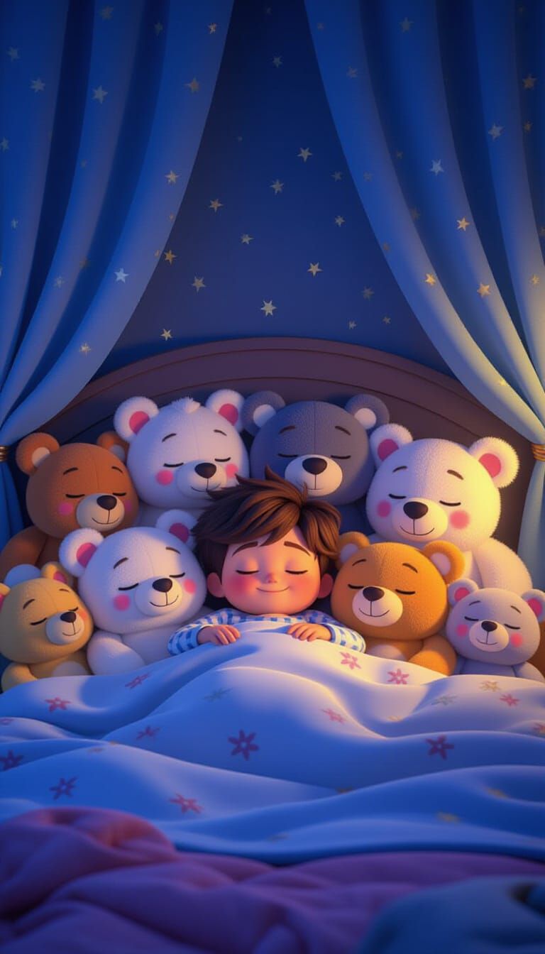 Plush Animals Guard Sleeping Boy in Pixar-Style Dreamscape