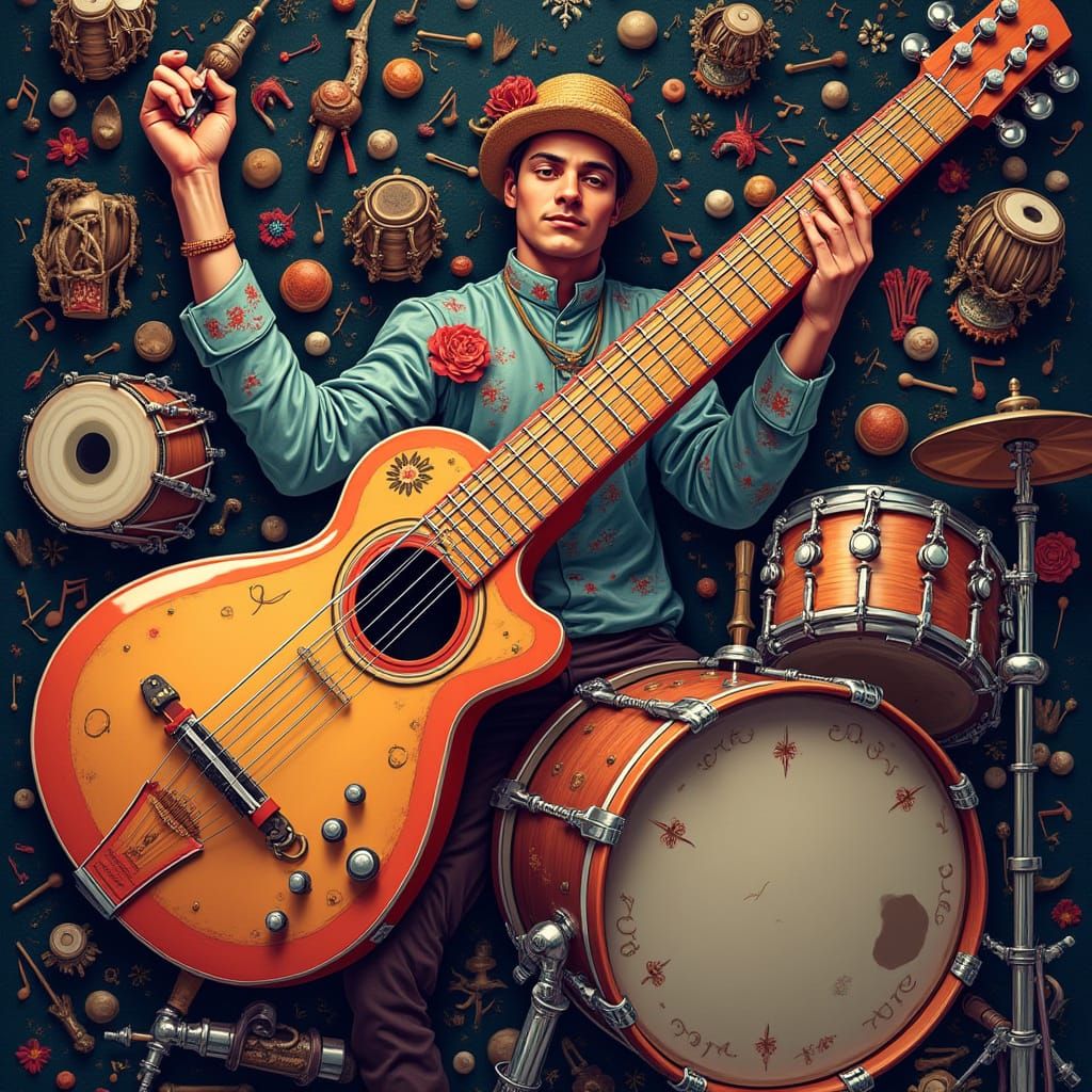 Vibrant Hyperrealistic Music Instrument Collage