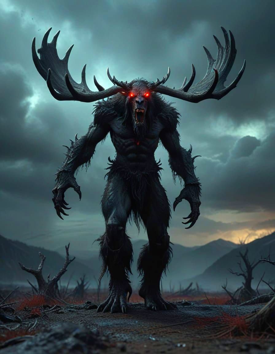 Ethereal Windigo Shapeshifter Amidst Crimson Mist