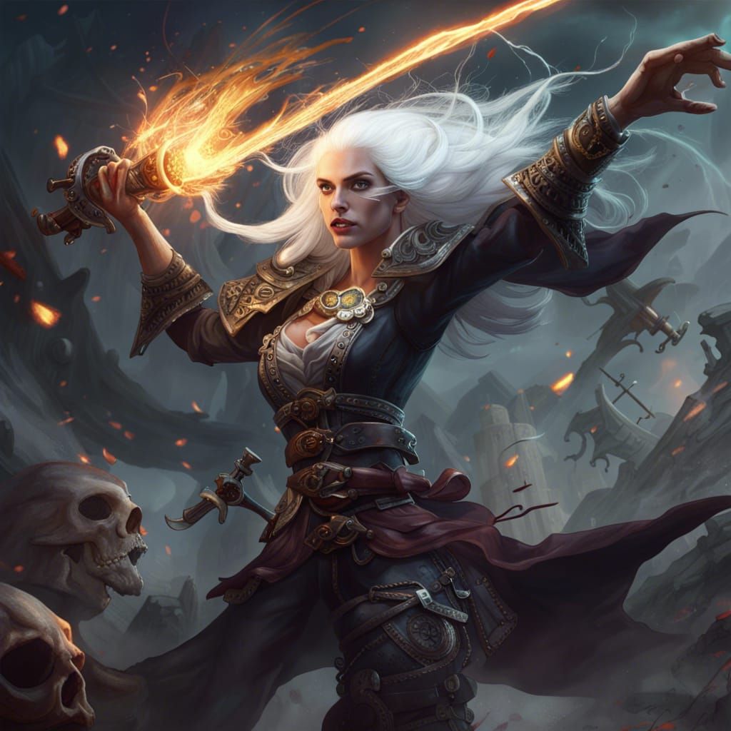 Eladrin Witch Pirate Fighting Skeleton in Fantasy Art