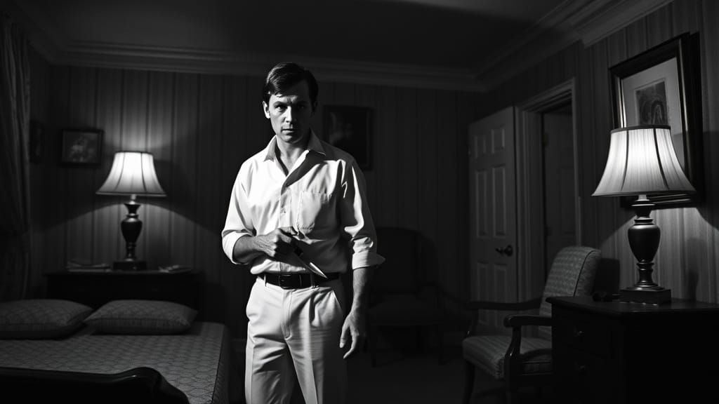 Norman Bates in a Hitchcockian Film Noir Motel Room