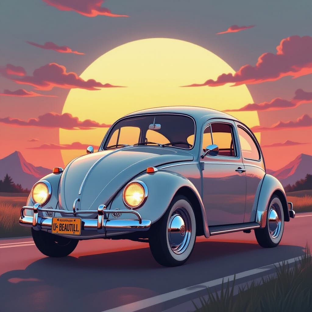 Silver VW Beetle with 'U R BEAUTIFUL' Plate