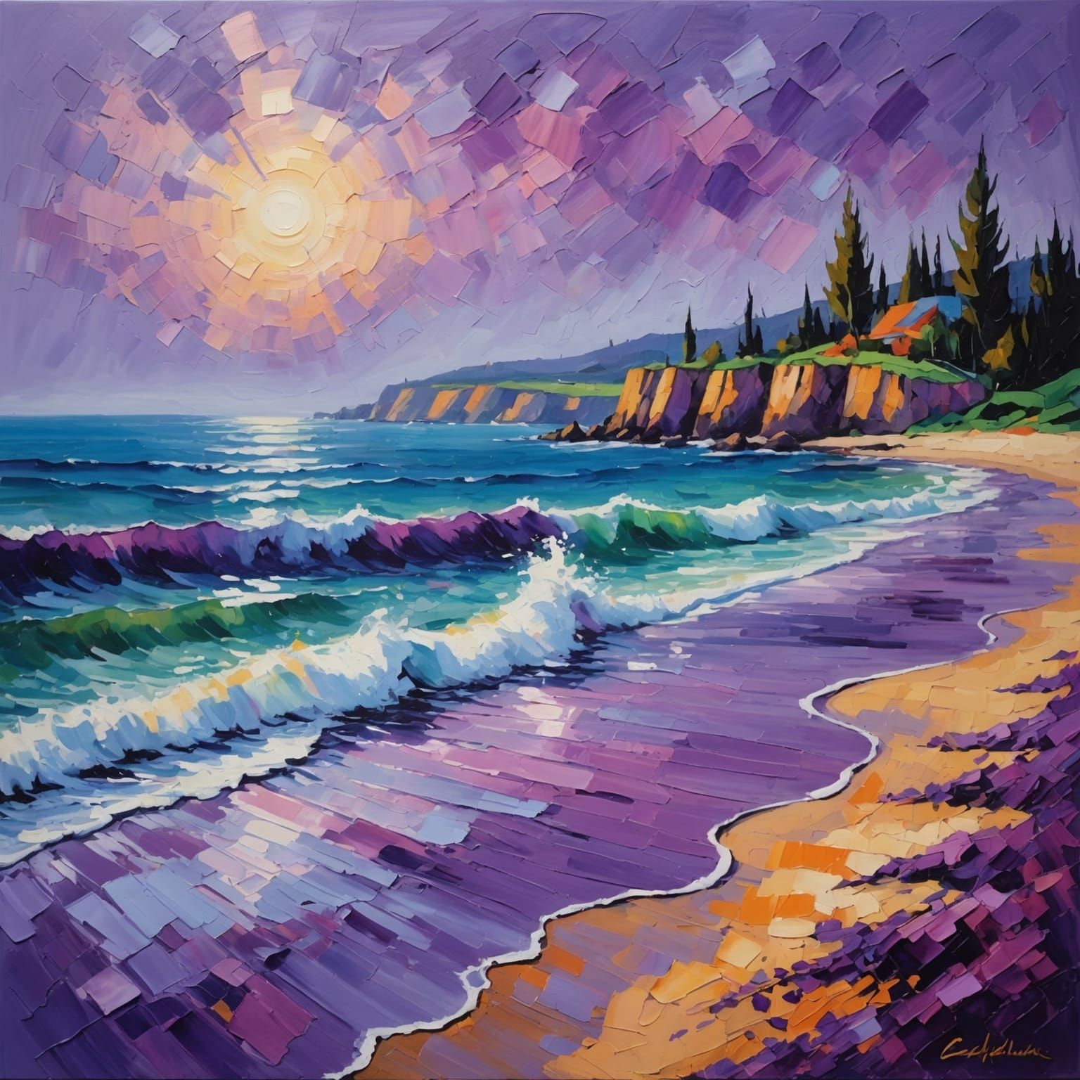 Purple Sea Meets Purple Beach: Impasto Oil Painting