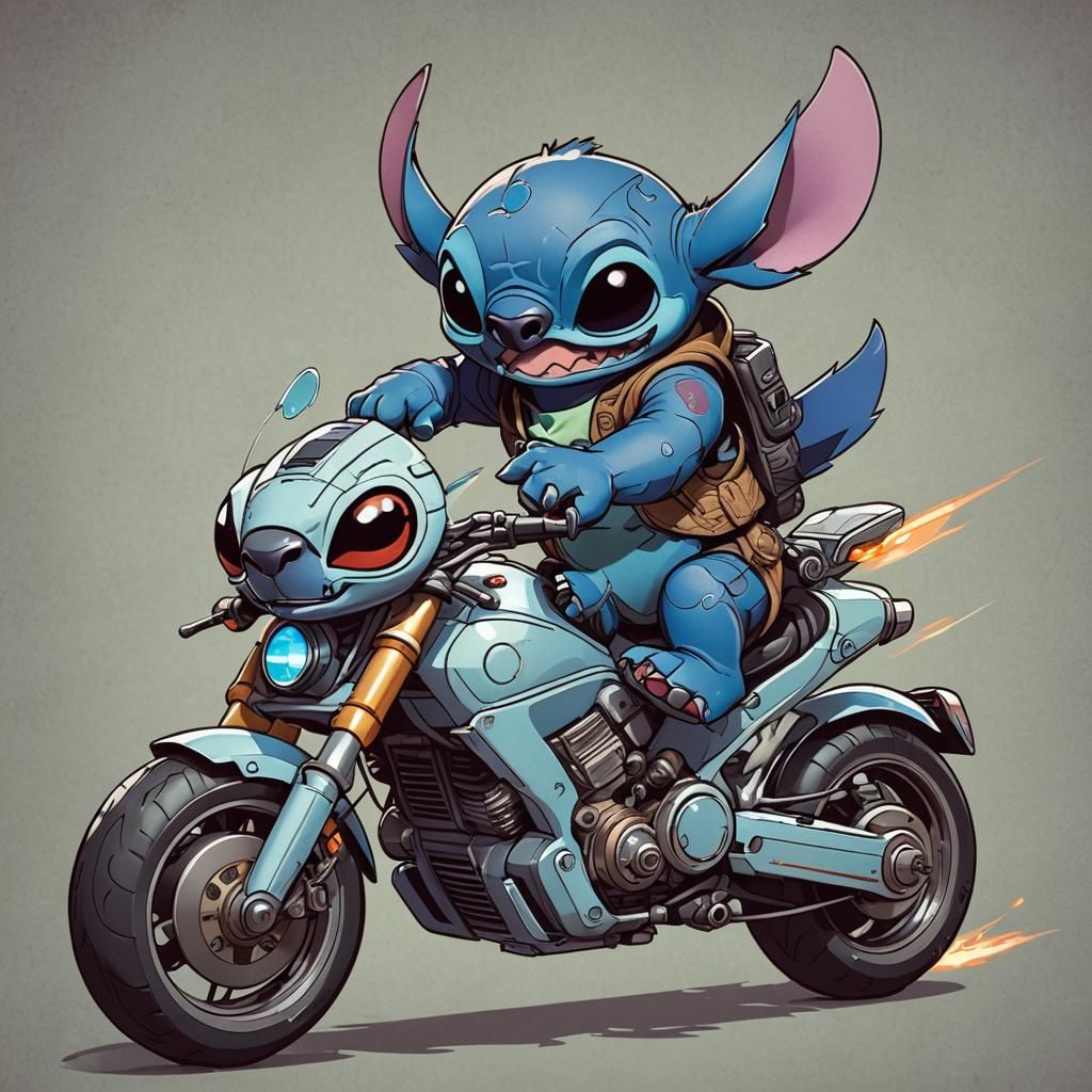 Stitch on a Futuristic Motorcycle