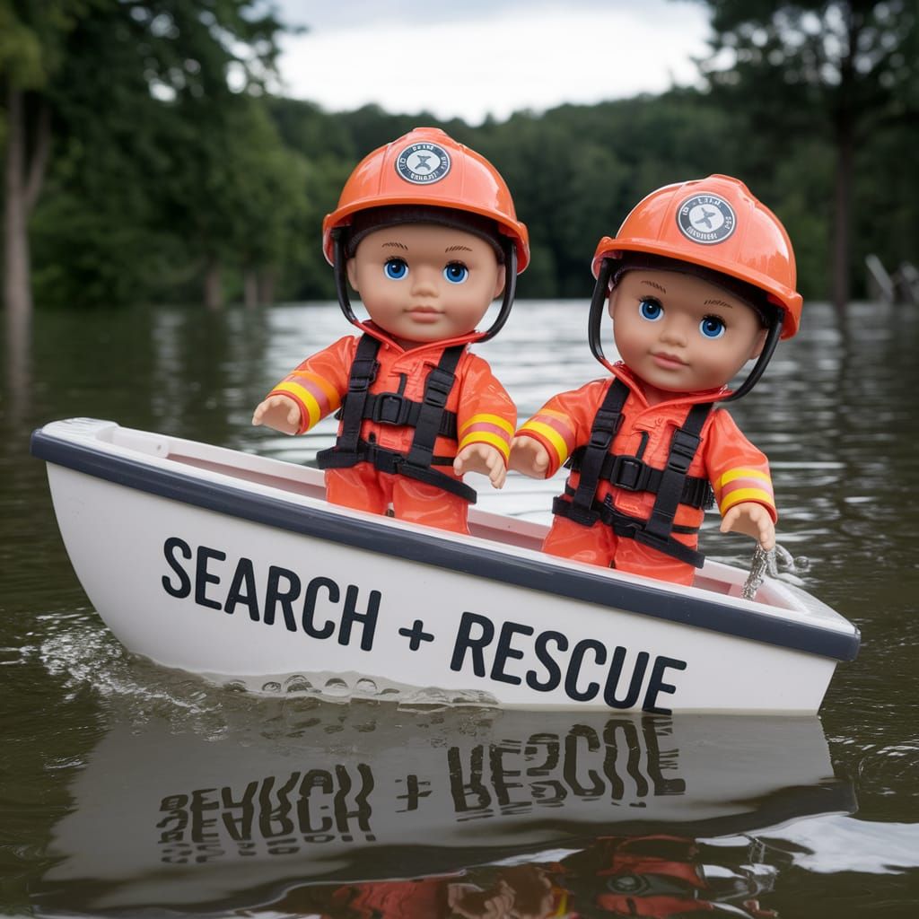 Two search and rescue dolls floating on a rescue boat in a f...