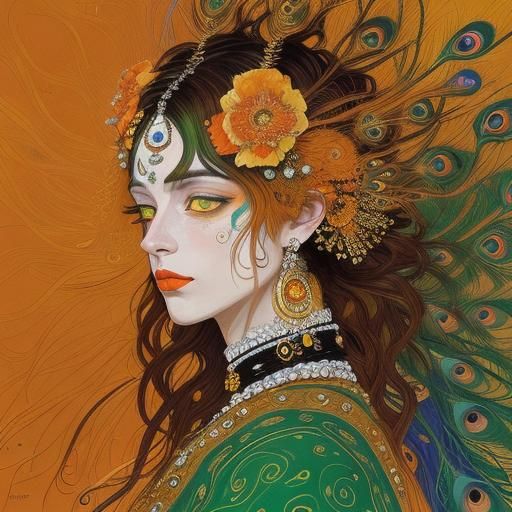 Golden Woman with Peacock Feathers, Abstract Art