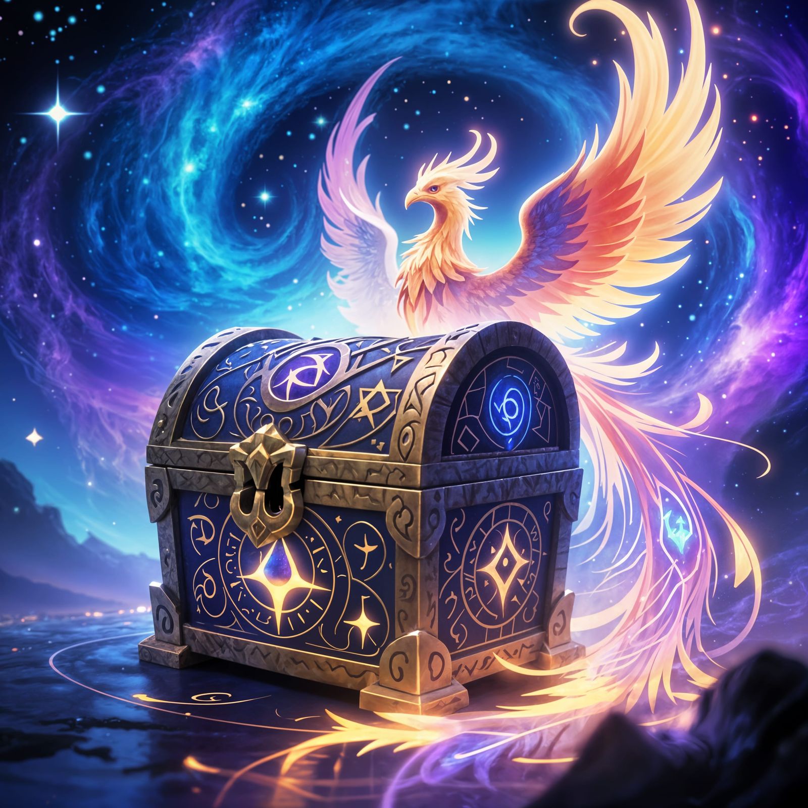 Fantastical Treasure Chest Guarded by Ethereal Phoenix