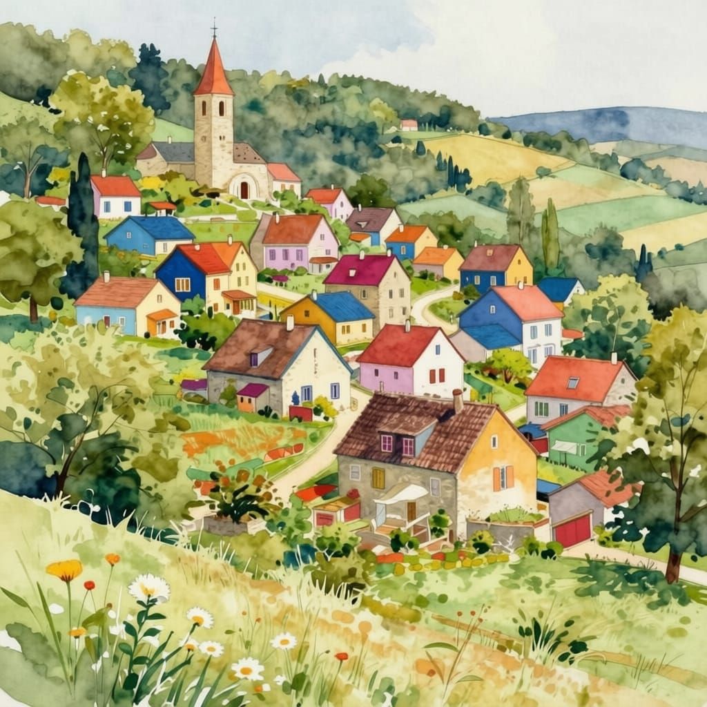 Multicolor Village Nestled in a Valley, Watercolor Art