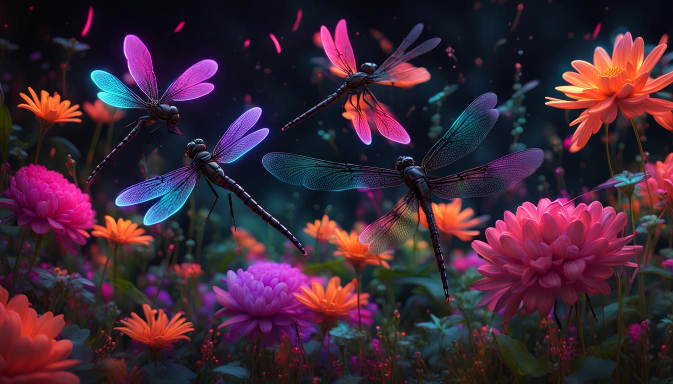 Neon Dragonflies in a Fantastical Garden