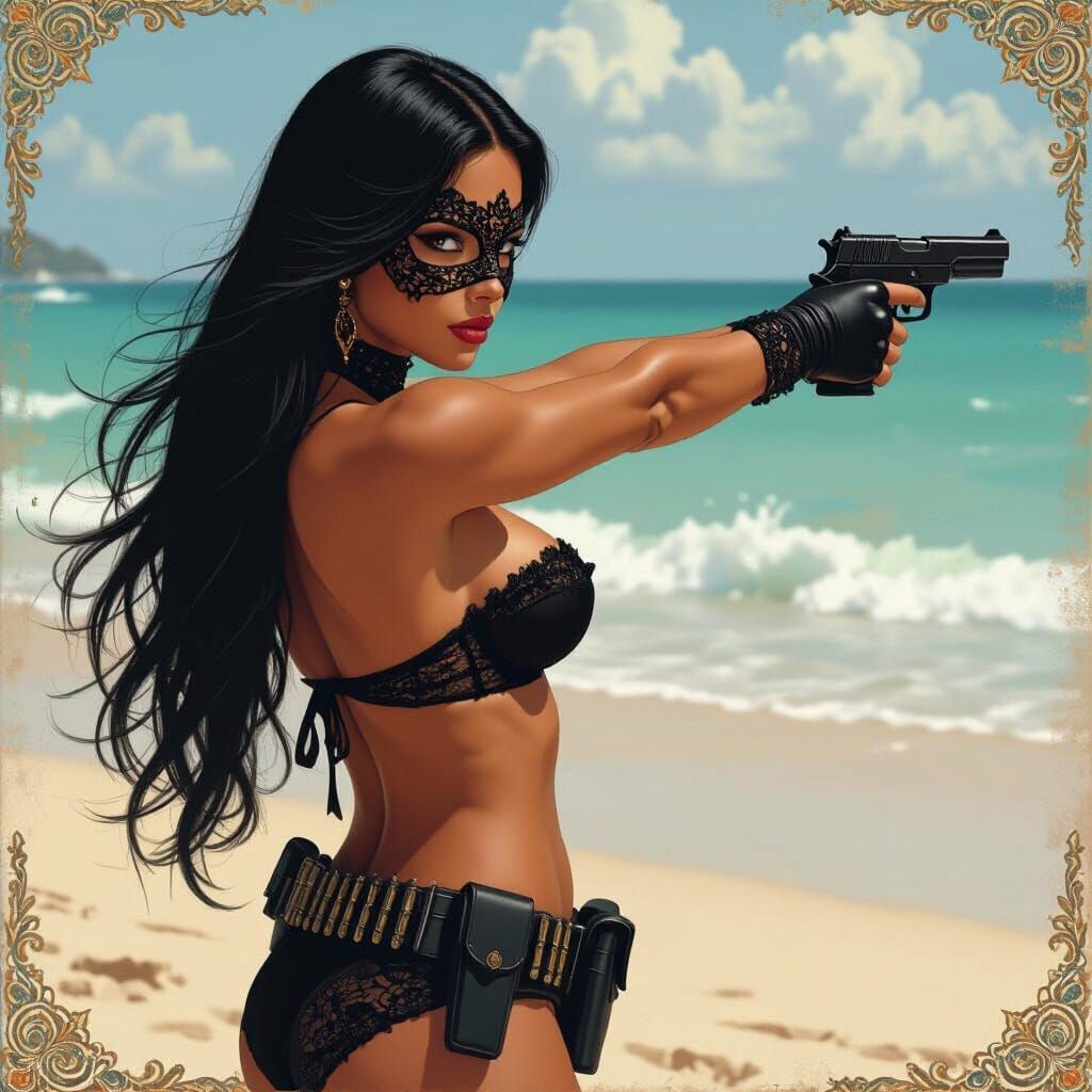 Latina Gunslinger on the Beach, in Art Nouveau Style