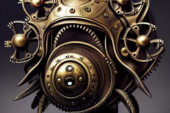 Steampunk Beholder in Cave, Detailed Surreal Art