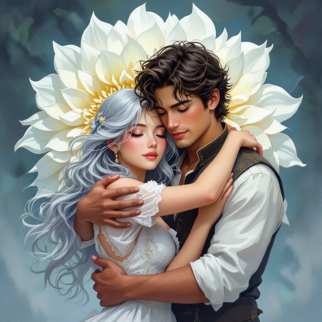 Protective Embrace Beneath a Floral Canopy