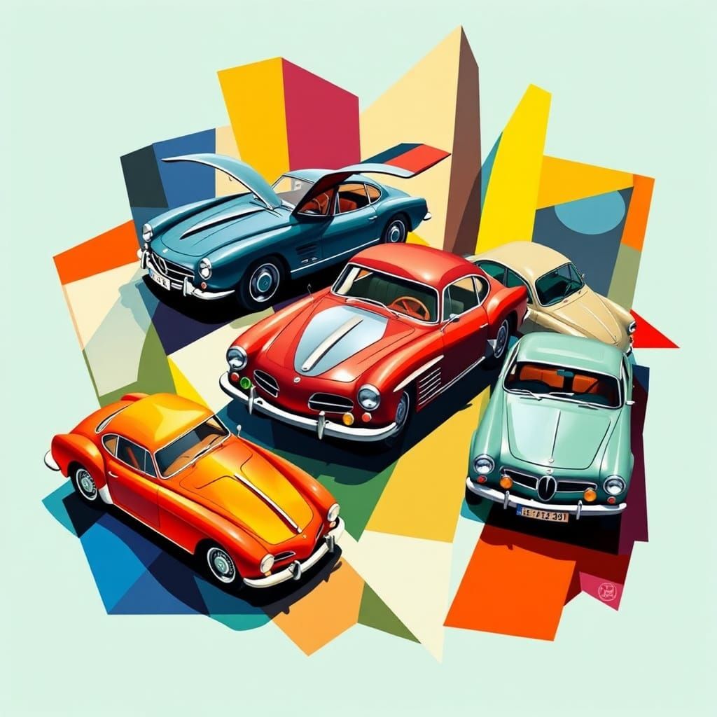 Cubist German Car Collection in Abstract Geometric Style
