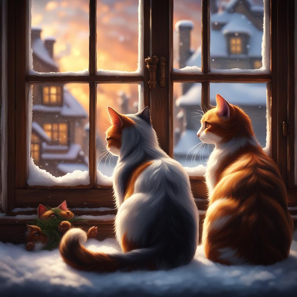 Cats Watching Snowfall Through Vintage Window