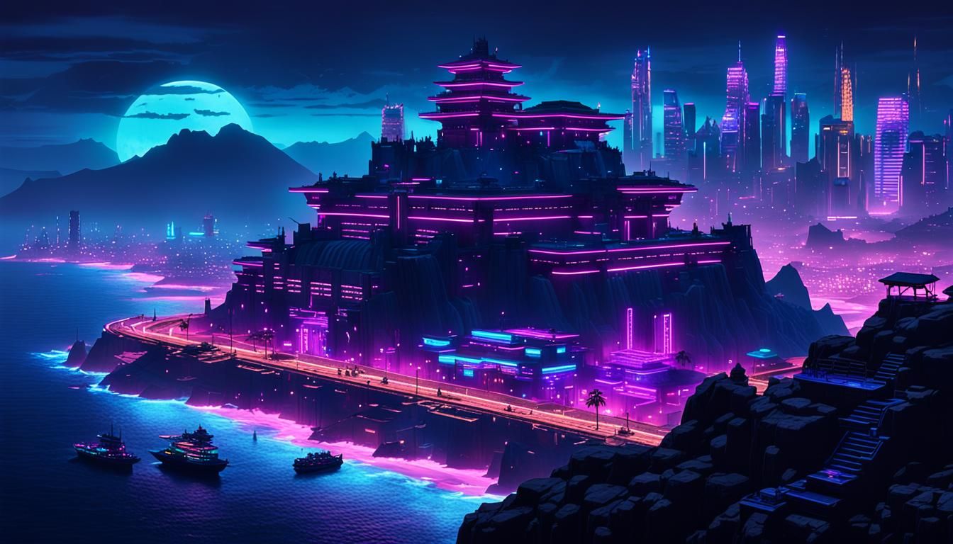 Cyberpunk Cityscape with Borobudur Architecture