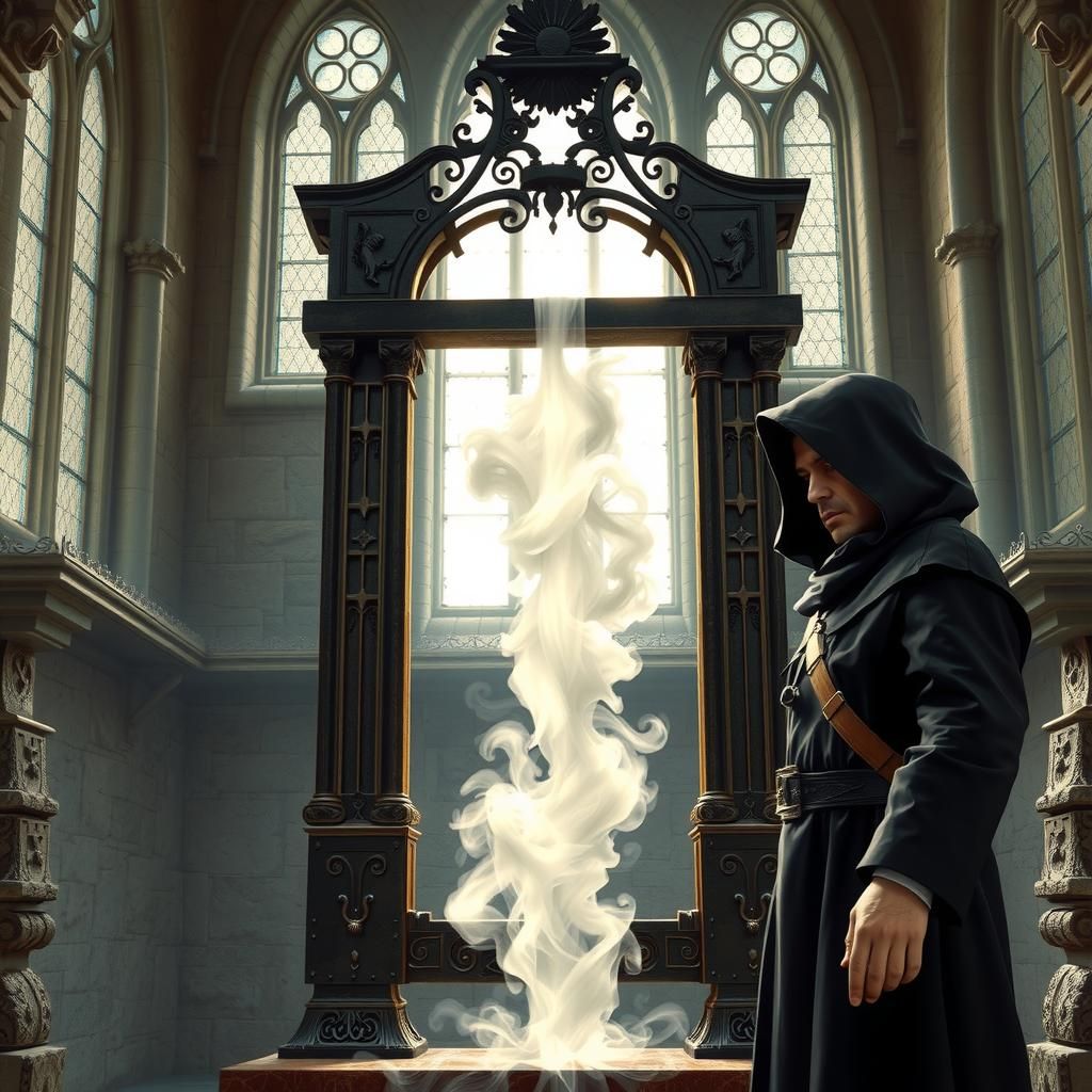 Ultra realistic and ultra detailed picture of an intricate guillotine. Where the prisoner would be is a small cloud of m...