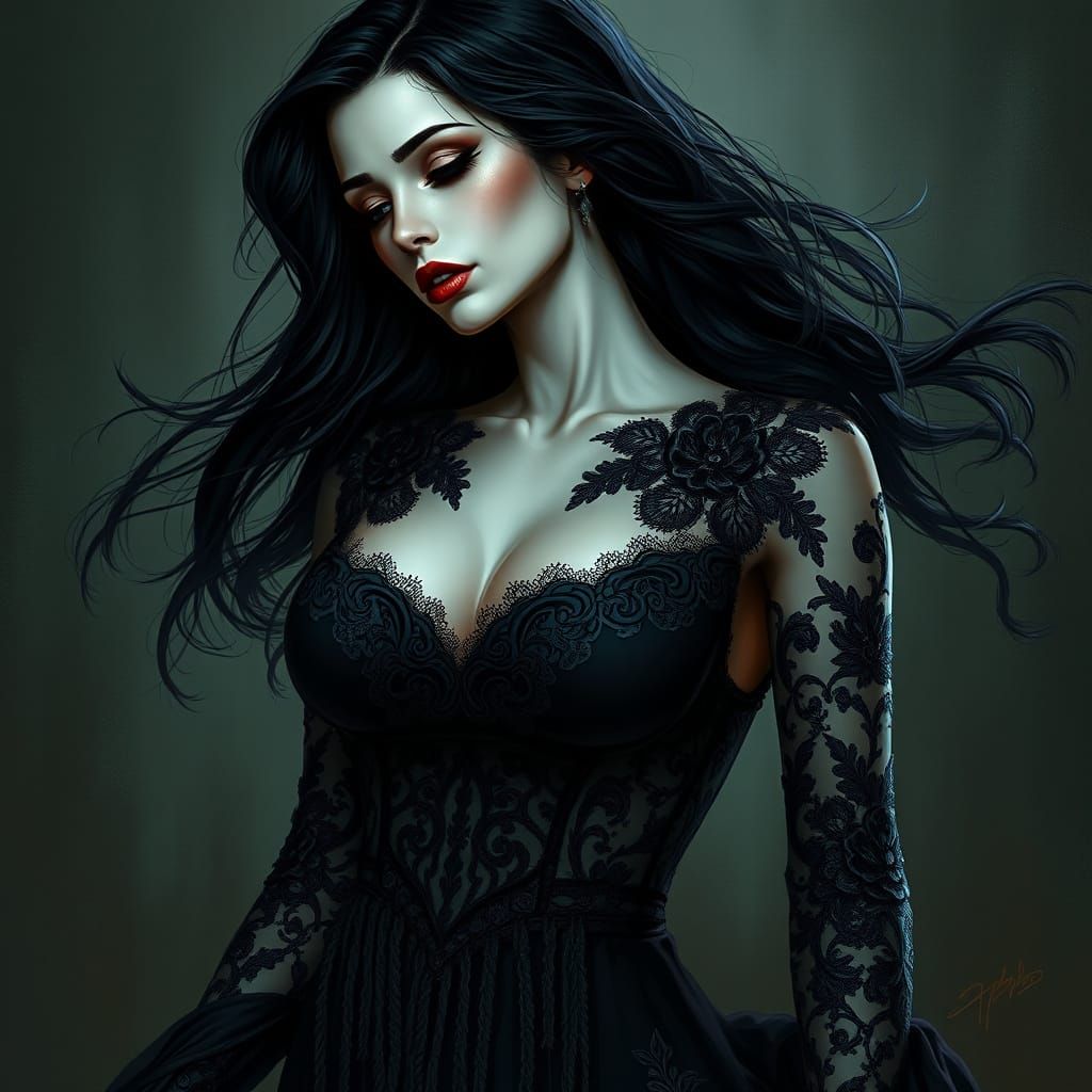 Gothic Beauty in Black Lace Accentuating Figure
