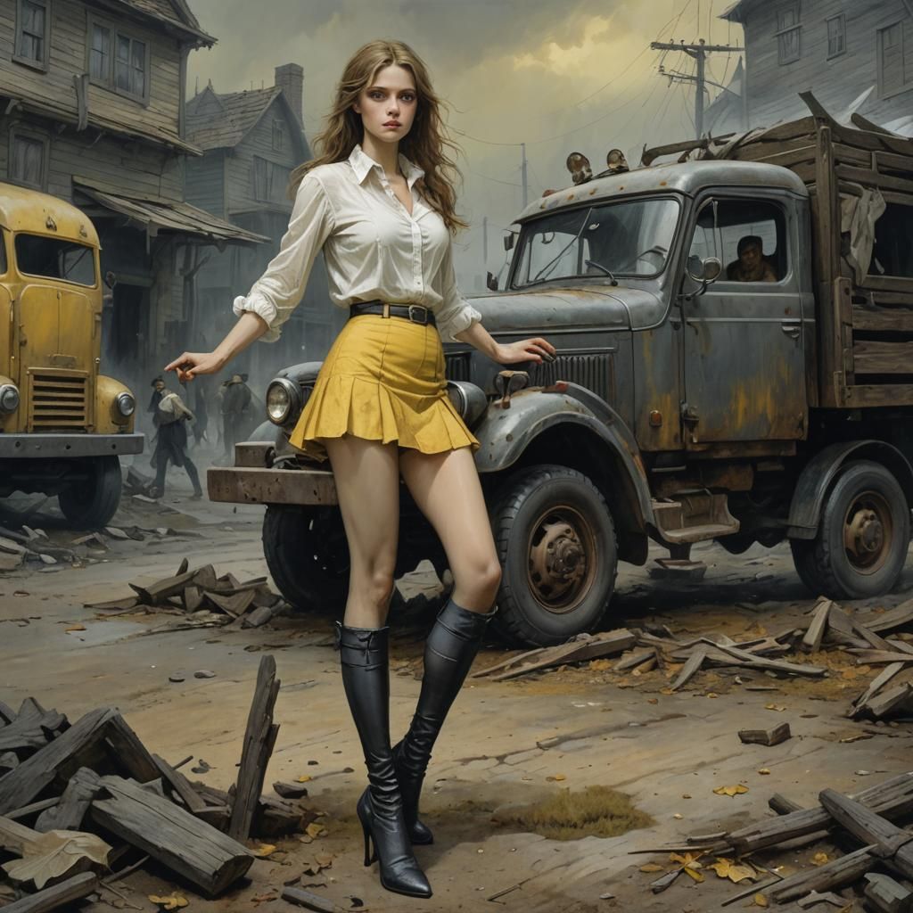 Woman in Miniskirt Near Truck, Doré-Rutkowski Style