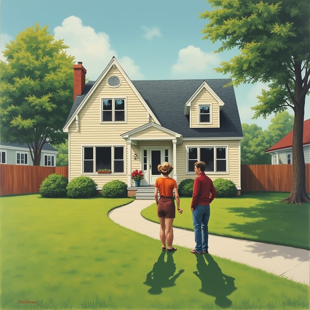 Nostalgic American House with Shadows, Mid-Century Style