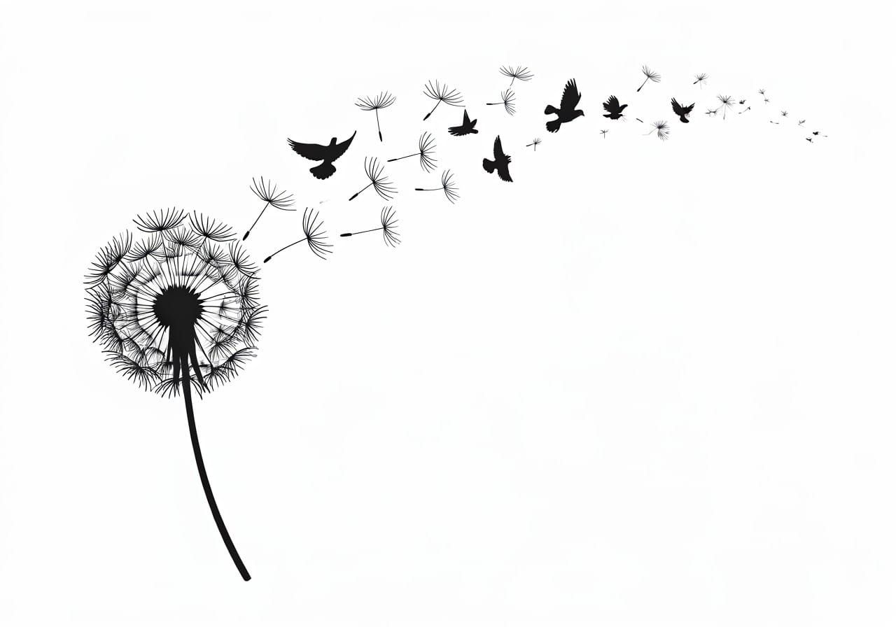 Delicate Black Dandelion Blooms into Flying Doves in Abstrac...