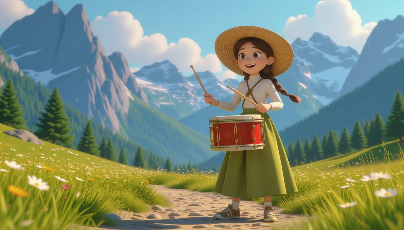 Animated Girl Plays Bucket Drum: Pixar-Style 3D Animation