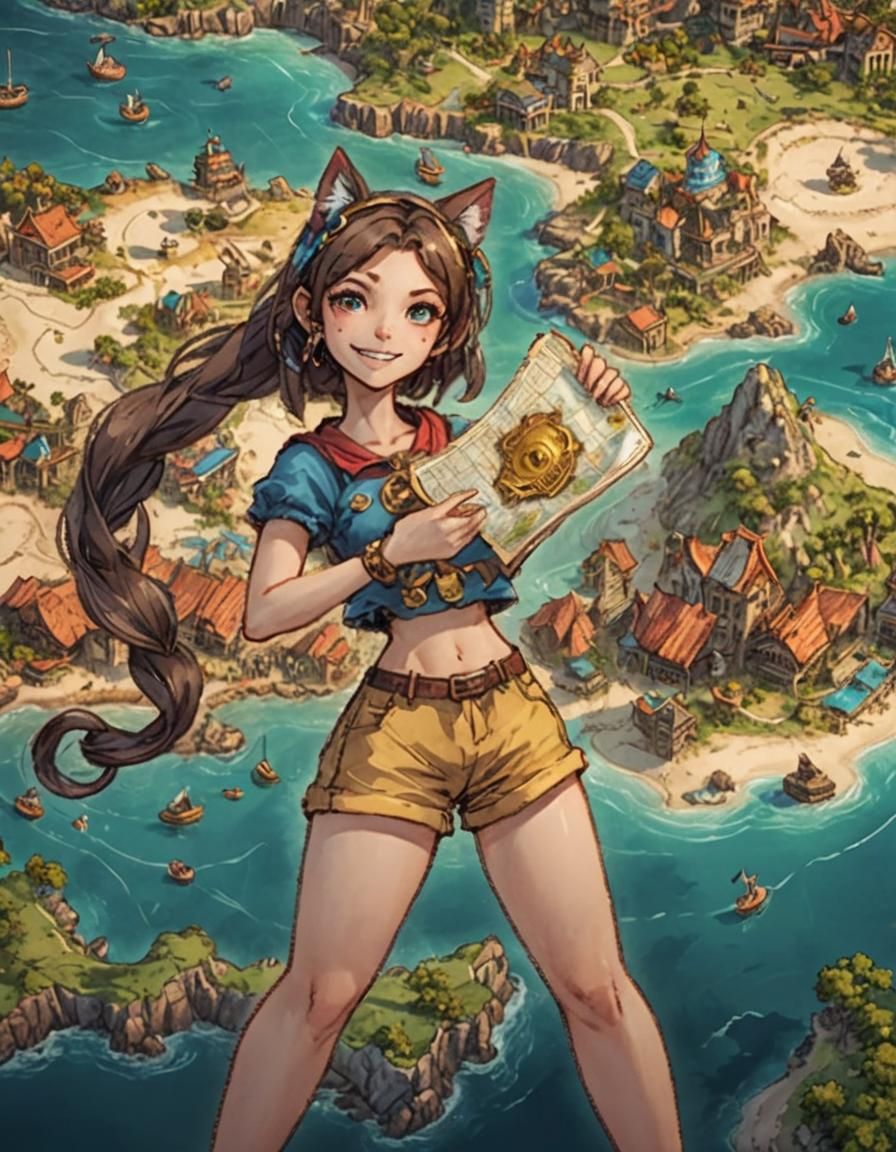 Anime Girl with Cat Ears Holding Treasure Map