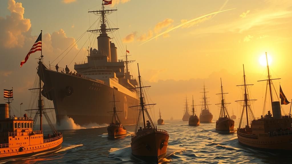 Retro Warship Pursues Freighters at Golden Hour
