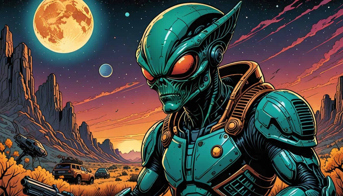 Alien Lands in Texas Fall Landscape Retro Comic Style