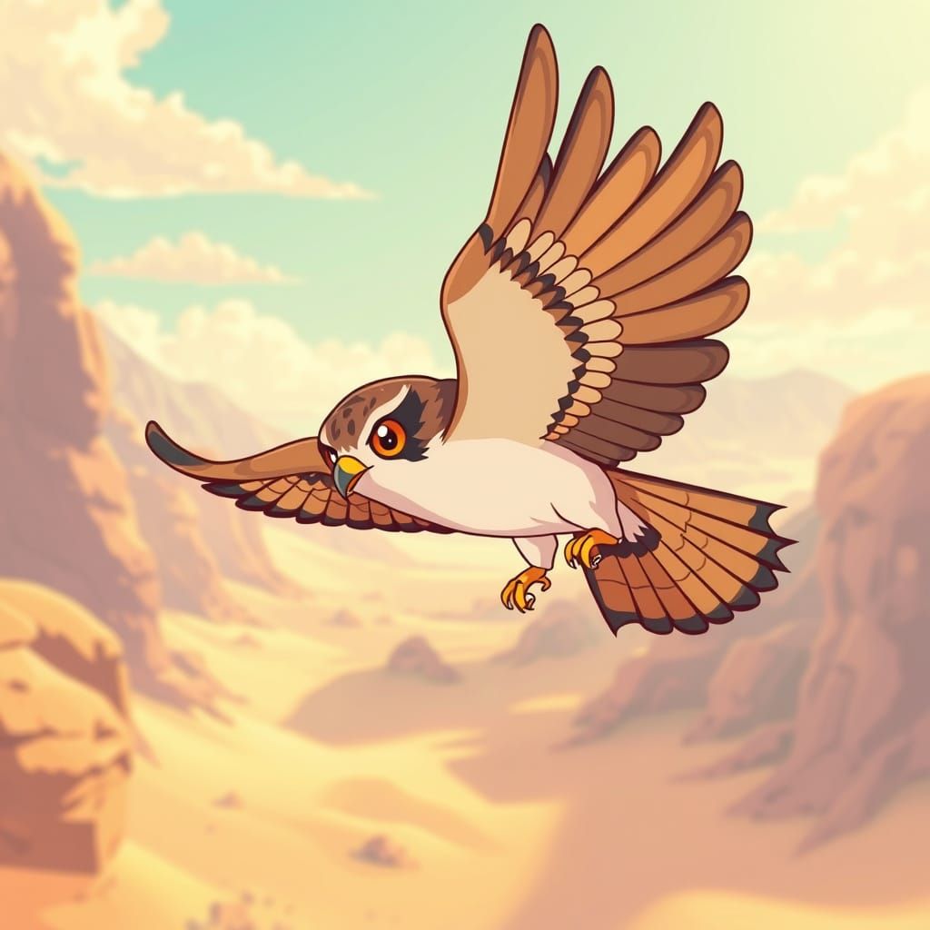 Kawaii Falcon Soaring Over Arabian Desert