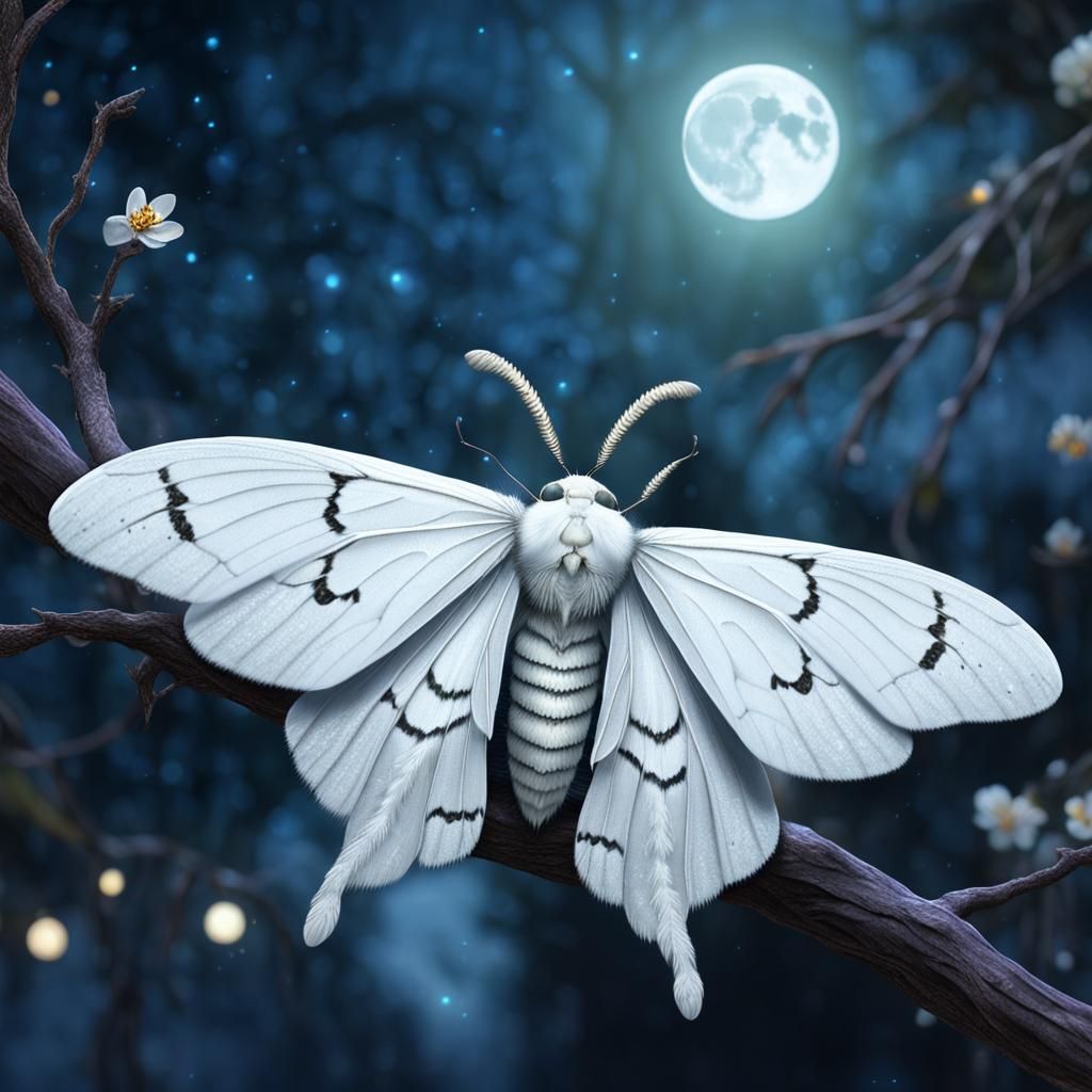 Magical White Satin Moth on Moonlit Branch