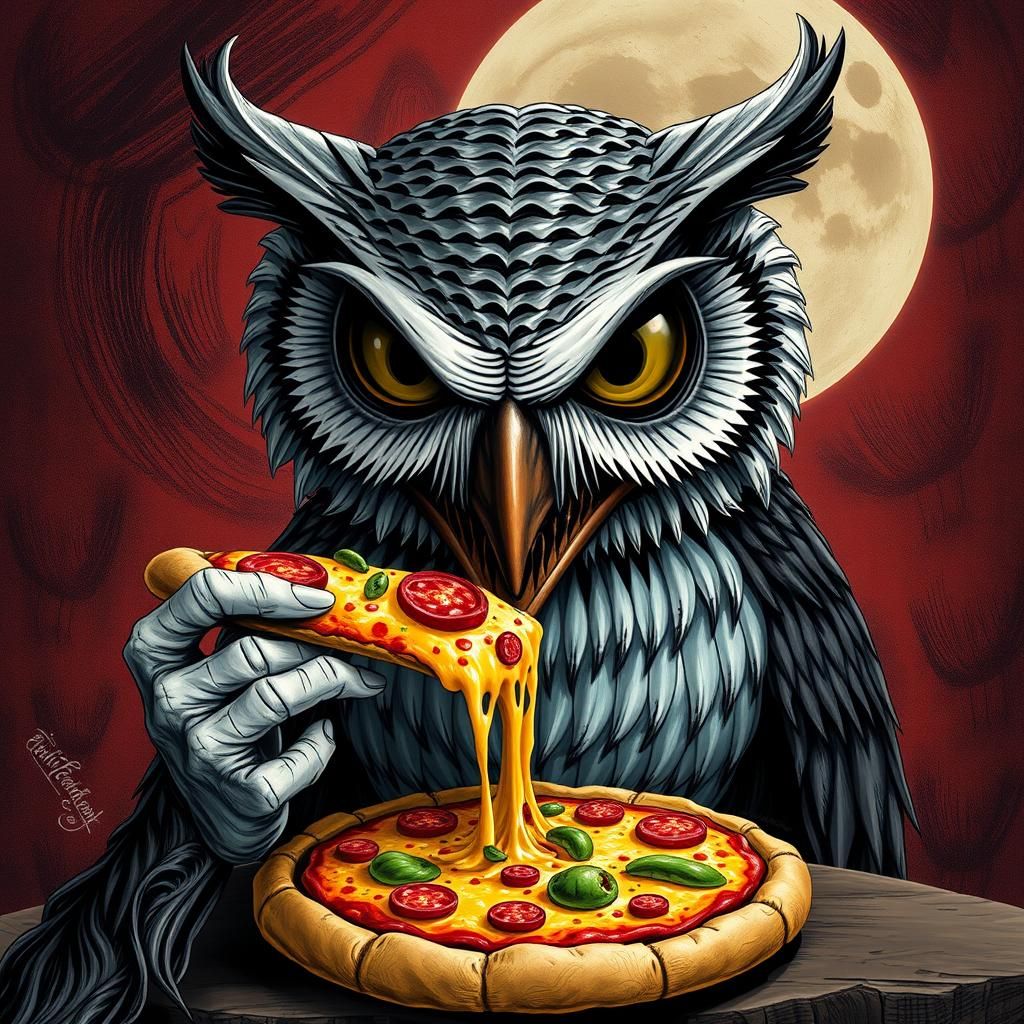 Nightmarish Owl Eats Pizza, Tim Burton Style