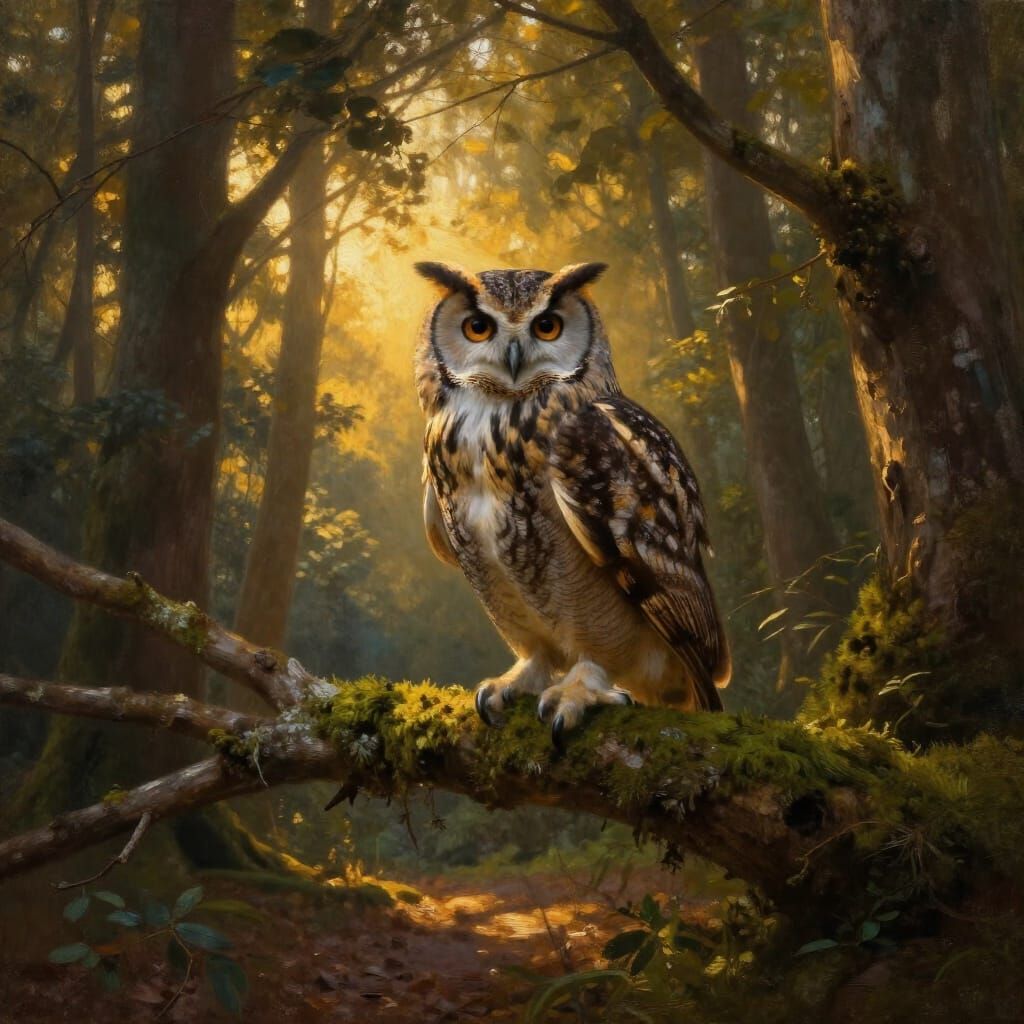 Majestic Owl in Ancient Forest During Golden Hour