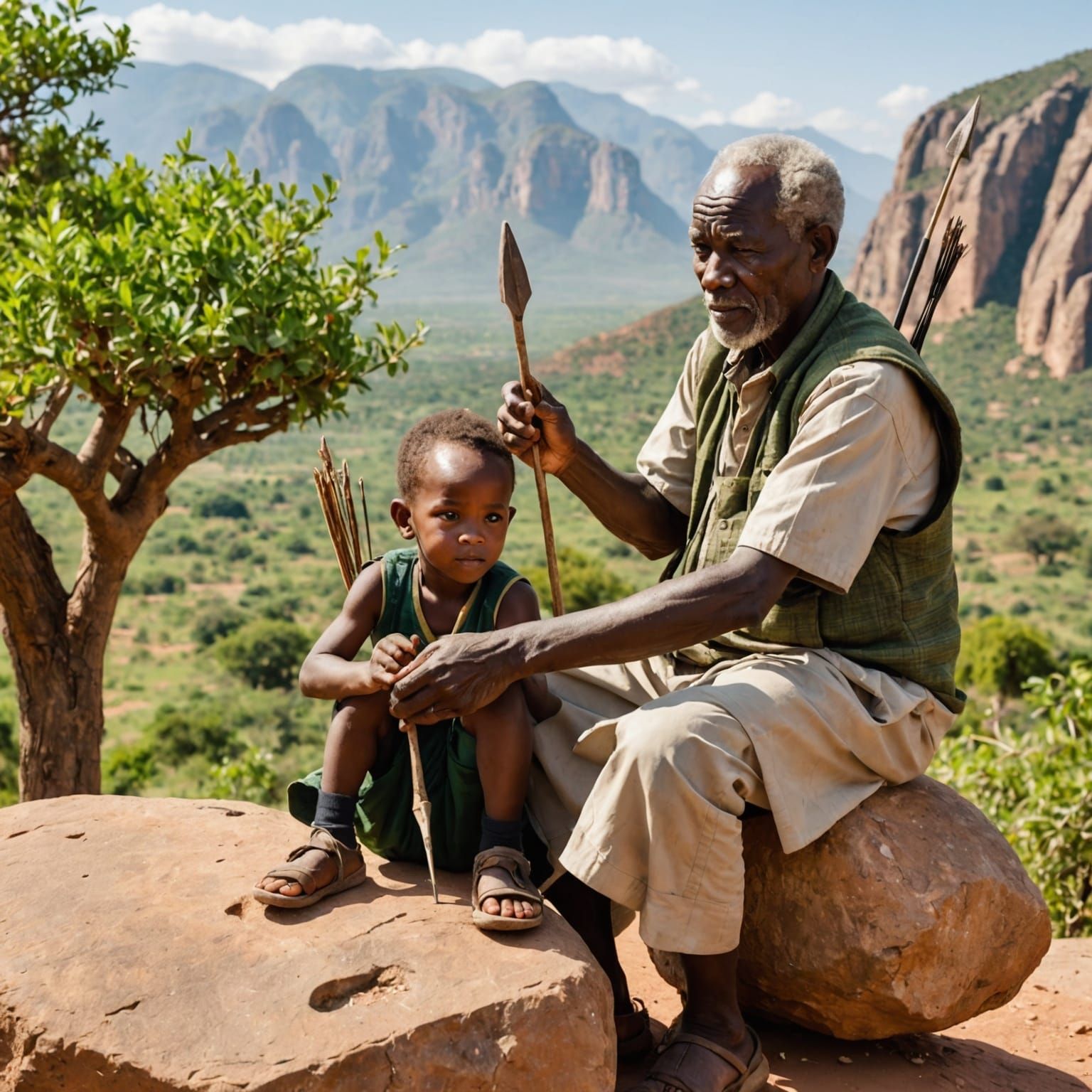 African Grandfather Teaches Boy to Shape Arrow