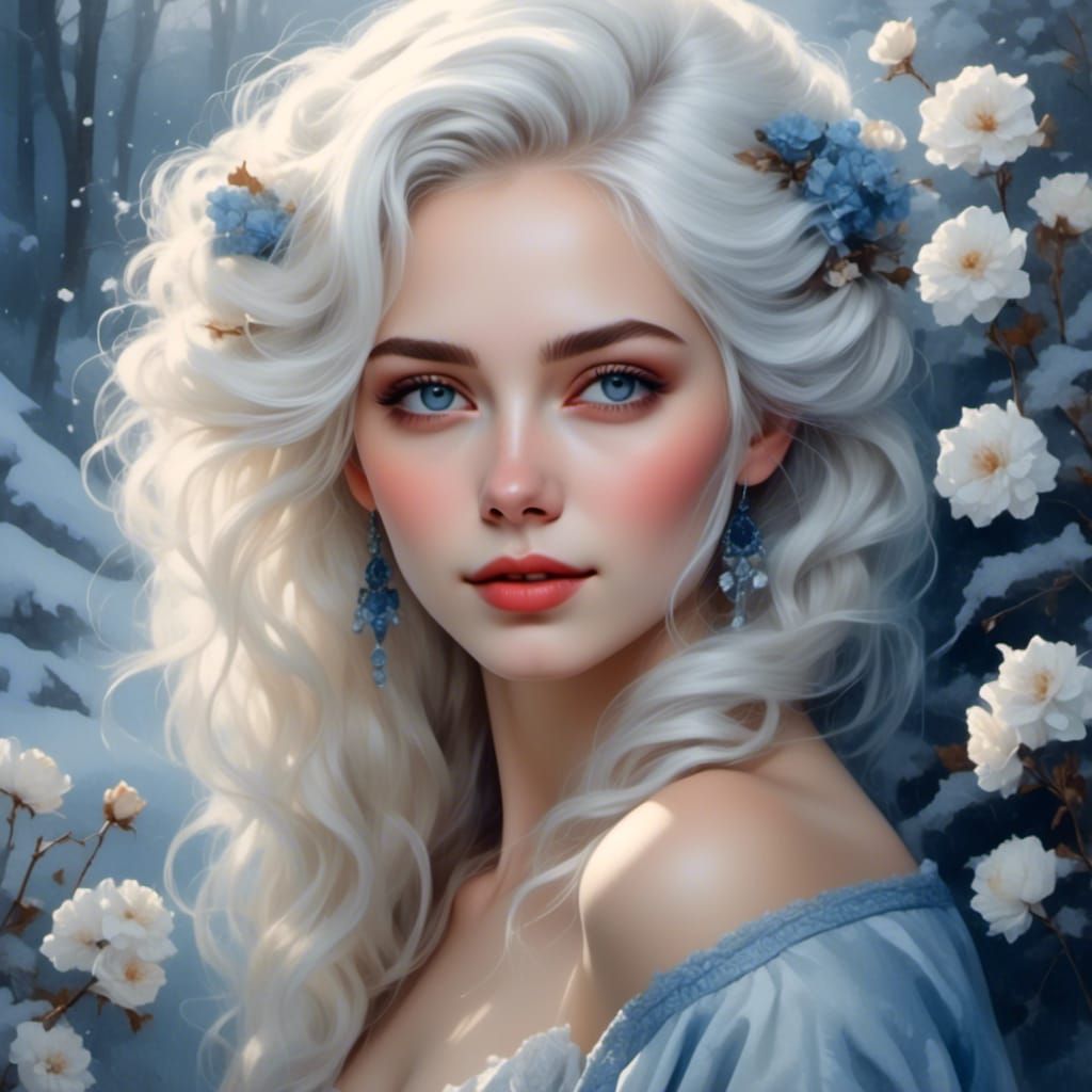 Fantasy Woman with White Hair in Winter Scene