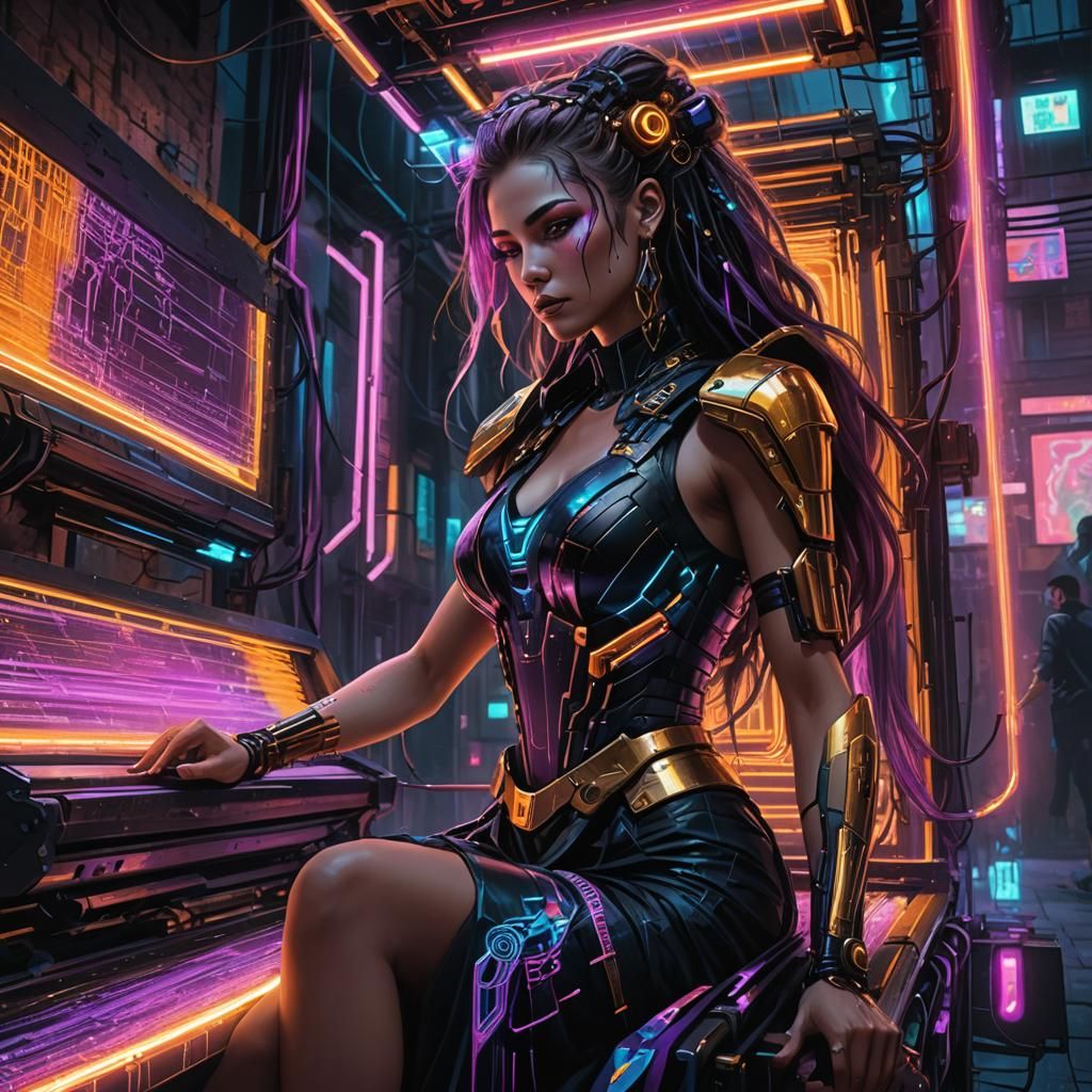 Cyberpunk Goddess Weaving Fate in Neon Cityscape